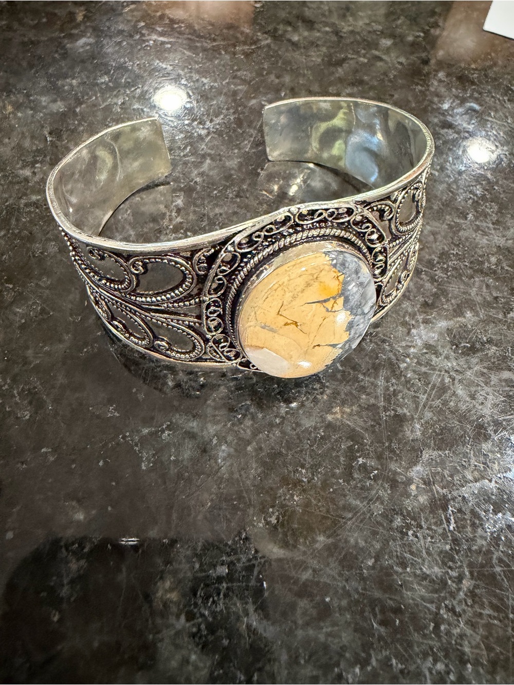 Silver-Tone Filigree Cuff Bracelet with Yellow Stone